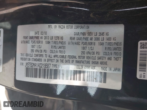 2010 Mazda CX-9 Sport with VIN JM3TB2MA1A0218687, listed as a IAAI auction lot 42012189 with 134,912 mi miles and . Bid and sale history available at DreamBid. Image 9.