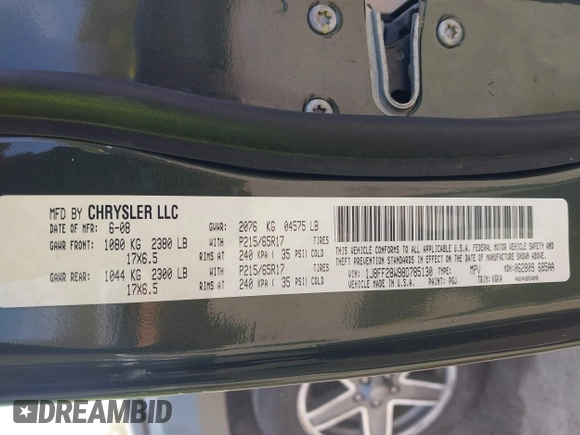 2008 Jeep Patriot Sport with VIN 1J8FF28W98D785130, listed as a IAAI auction lot 42069574 with 180,092 mi miles. Bid and sale history available at carsss.com. Image 9.