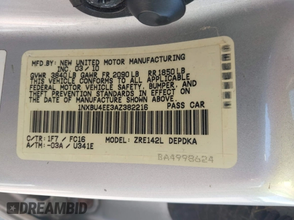 2010 Toyota Corolla with VIN 1NXBU4EE3AZ382216, listed as a IAAI auction lot 42784633 with 155,825 mi miles and . Bid and sale history available at DreamBid. Image 9.