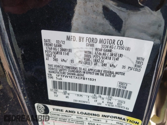 2012 Ford F-150 XL with VIN 1FTFW1ETXCFB11531, listed as a IAAI auction lot 41710325 with 167,337 mi miles. Bid and sale history available at carsss.com. Image 9.