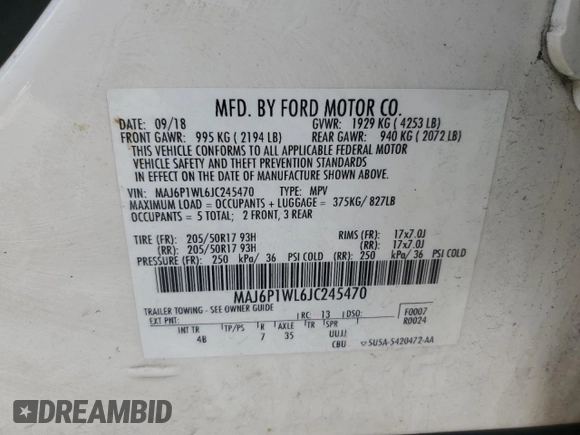 2018 Ford EcoSport Titanium z VIN MAJ6P1WL6JC245470, wystawiony jako Copart lot #47725225 z przebiegiem 190 034 mil mil oraz Szkody całkowita. Historia ofert i sprzedaży dostępna na DreamBid. Obrazek 15.