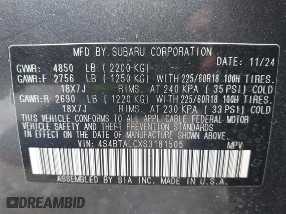 2025 Subaru Outback Onyx z VIN 4S4BTALCXS3181505, wystawiony jako IAAI lot #42365723 z przebiegiem 8 654 mil mil oraz . Historia ofert i sprzedaży dostępna na DreamBid. Obrazek 9.