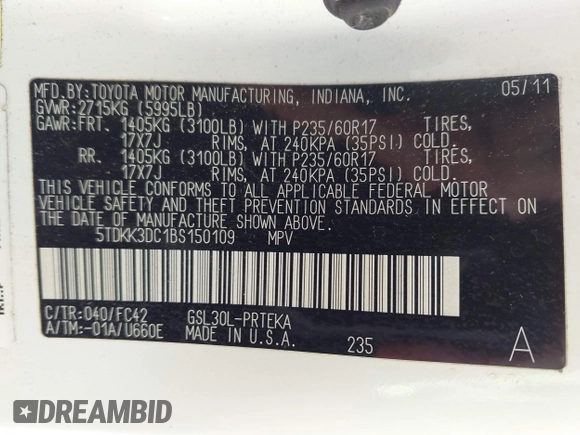 2011 Toyota Sienna LE AAS with VIN 5TDKK3DC1BS150109, listed as a IAAI auction lot 42067808 with 186,811 mi miles and . Bid and sale history available at DreamBid. Image 9.