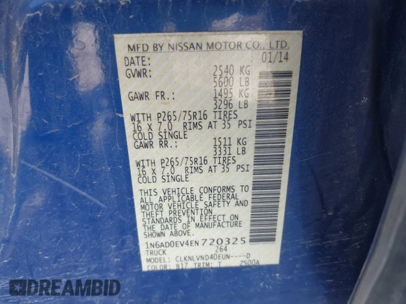 2014 Nissan Frontier SV with VIN 1N6AD0EV4EN720325, listed as a IAAI auction lot 41479133 with 61,661 mi miles and . Bid and sale history available at DreamBid. Image 9.