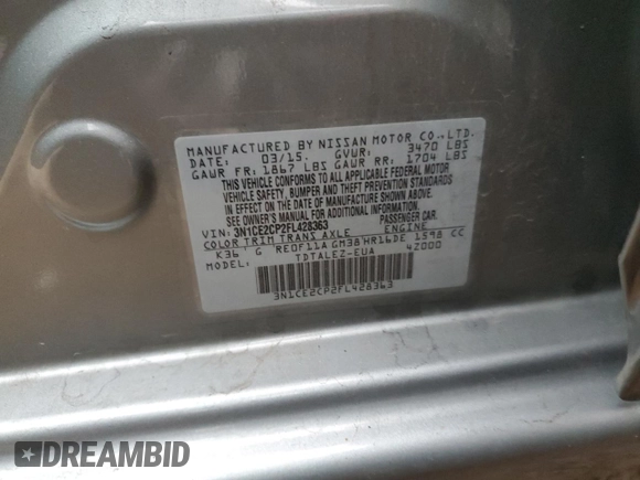 2015 Nissan Note S with VIN 3N1CE2CP2FL428363, listed as a Copart auction lot 48511285 with 31,872 mi miles and Salvage title. Bid and sale history available at DreamBid. Image 12.