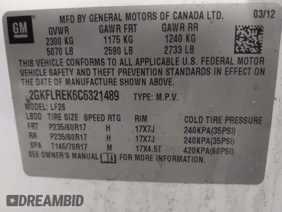 2012 GMC Terrain SLE-1 with VIN 2GKFLREK6C6321489, listed as a IAAI auction lot 42032207 with 192,141 mi miles and . Bid and sale history available at DreamBid. Image 9.