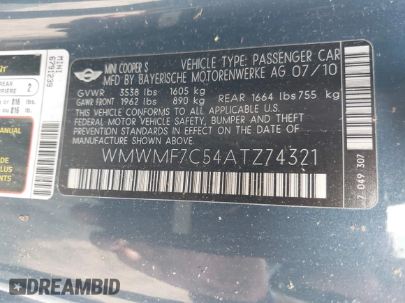 2010 MINI Hardtop S with VIN WMWMF7C54ATZ74321, listed as a IAAI auction lot 42409281 with 193,547 mi miles and . Bid and sale history available at DreamBid. Image 9.