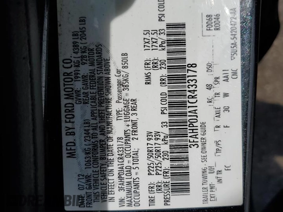 2012 Ford Fusion SEL with VIN 3FAHP0JA1CR433178, listed as a Copart auction lot 50001905 with 167,634 mi miles and Clean Title. Bid and sale history available at DreamBid. Image 12.