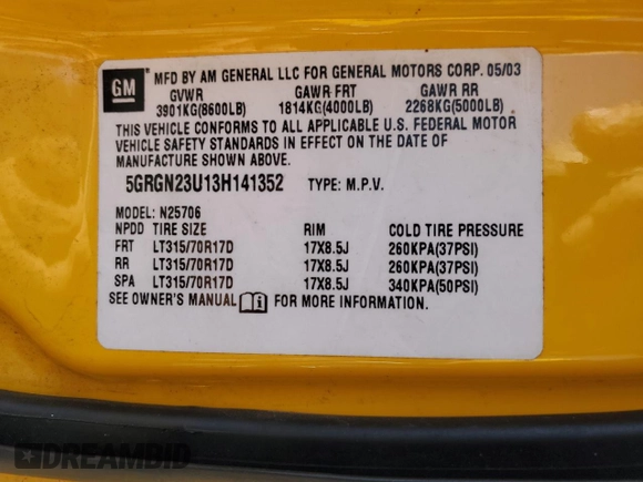 2003 Hummer H2 with VIN 5GRGN23U13H141352, listed as a Copart auction lot 77896844 with 147,723 mi miles and Clean Title. Bid and sale history available at carsss.com. Image 13.
