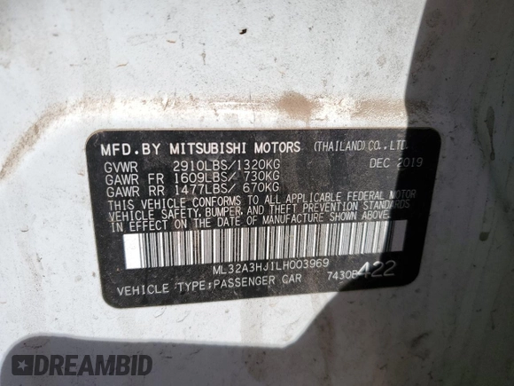 2020 Mitsubishi Mirage ES z VIN ML32A3HJ1LH003969, wystawiony jako Copart lot #58267865 z przebiegiem 89 887 mil mil oraz Szkoda całkowita • Salvage title. Historia ofert i sprzedaży dostępna na DreamBid. Obrazek 12.