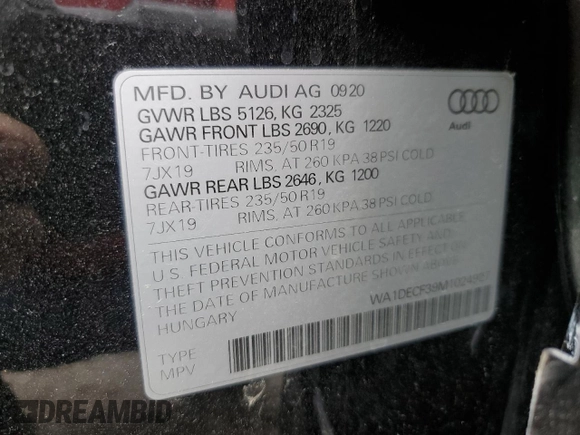 2021 Audi Q3 S line Premium with VIN WA1DECF39M1024927, listed as a Copart auction lot 58992105 with 100,886 mi miles and Salvage title. Bid and sale history available at DreamBid. Image 13.