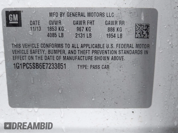 2014 Chevrolet Cruze 1LT with VIN 1G1PC5SB6E7233051, listed as a IAAI auction lot 42214334 with 88,389 mi miles and . Bid and sale history available at DreamBid. Image 9.