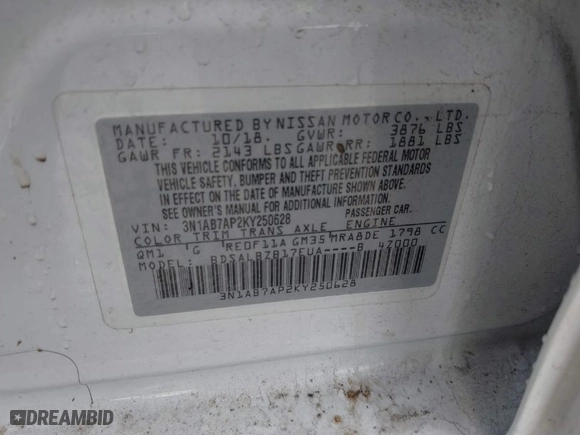 2019 Nissan Sentra S with VIN 3N1AB7AP2KY250628, listed as a IAAI auction lot 41441809 with 96,651 mi miles. Bid and sale history available at carsss.com. Image 9.