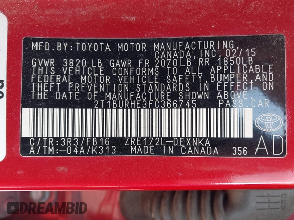 2015 Toyota Corolla L with VIN 2T1BURHE3FC366745, listed as a IAAI auction lot 42077010 with 208,663 mi miles and . Bid and sale history available at DreamBid. Image 9.