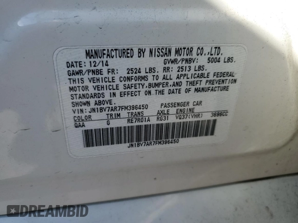 2015 Infiniti Q50 Premium with VIN JN1BV7AR7FM396450, listed as a Copart auction lot 54966605 with 179,342 mi miles and Salvage Title. Bid and sale history available at carsss.com. Image 12.
