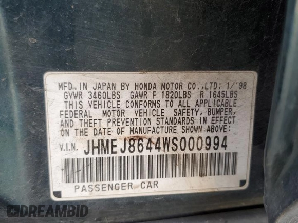 1998 Honda Civic EX with VIN JHMEJ8644WS000994, listed as a Copart auction lot 48209805 with 226,561 mi miles and Salvage Title. Bid and sale history available at carsss.com. Image 14.