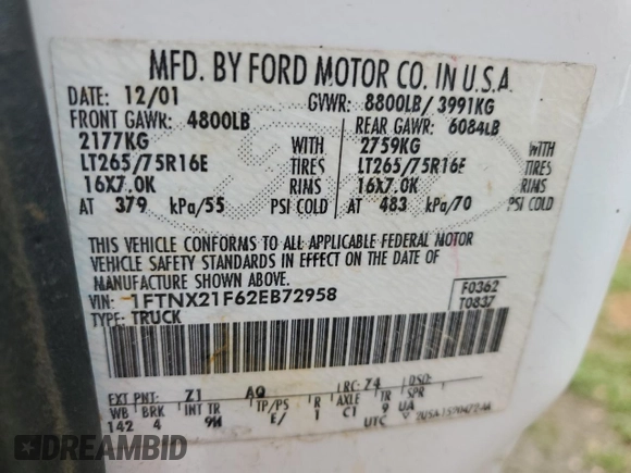 2002 Ford Super Duty F-250 XL with VIN 1FTNX21F62EB72958, listed as a Copart auction lot 51343355 with 167,698 mi miles and Salvage Title. Bid and sale history available at carsss.com. Image 12.