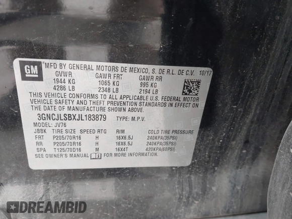 2018 Chevrolet Trax LT with VIN 3GNCJLSBXJL183879, listed as a IAAI auction lot 41288990 with 127,310 mi miles and . Bid and sale history available at DreamBid. Image 9.