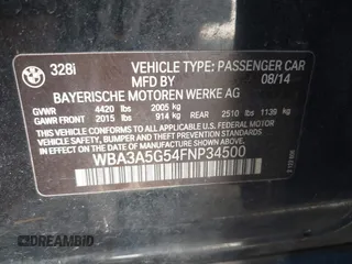 2015 BMW 3 Series 328i with VIN WBA3A5G54FNP34500, listed as a IAAI auction lot 41695866 with 168,000 mi miles and . Bid and sale history available at carsss.com. Image 9.