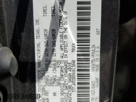 2022 Toyota Tundra Limited with VIN 5TFJA5DB8NX013040, listed as a Copart auction lot 56982095 with 42,015 mi miles and Salvage title. Bid and sale history available at DreamBid. Image 13.