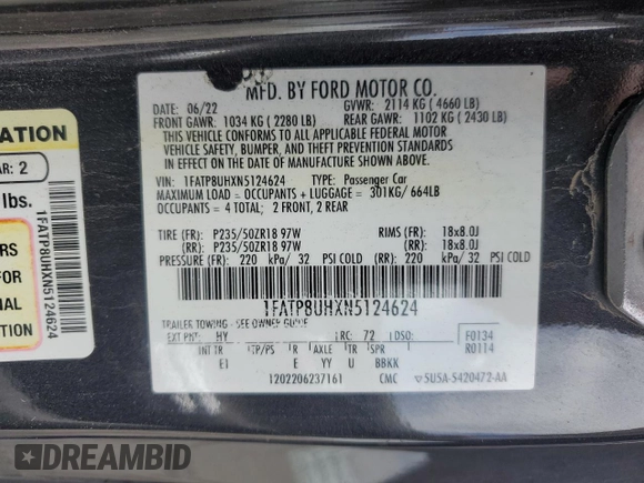 2022 Ford Mustang EcoBoost with VIN 1FATP8UHXN5124624, listed as a Copart auction lot 52916995 with 0 mi miles and Non Repairable. Bid and sale history available at carsss.com. Image 13.