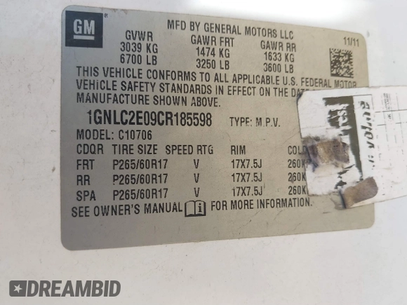 2012 Chevrolet Tahoe Commercial with VIN 1GNLC2E09CR185598, listed as a IAAI auction lot 41699321 with 202,198 mi miles and . Bid and sale history available at DreamBid. Image 9.