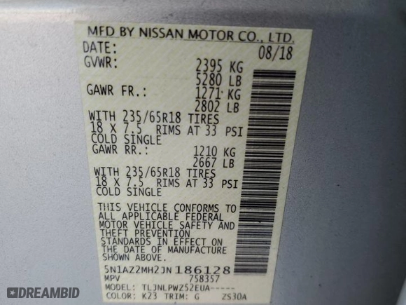 2018 Nissan Murano Platinum with VIN 5N1AZ2MH2JN186128, listed as a Copart auction lot 85924154 with 65,399 mi miles and Salvage Title. Bid and sale history available at carsss.com. Image 12.