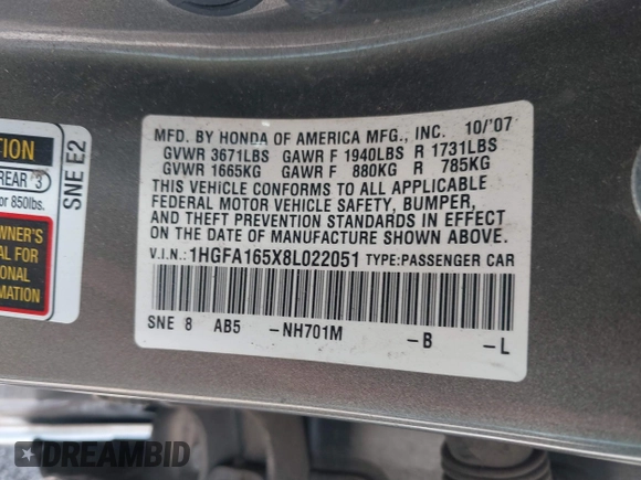 2008 Honda Civic LX with VIN 1HGFA165X8L022051, listed as a IAAI auction lot 42162390 with 206,753 mi miles and . Bid and sale history available at DreamBid. Image 9.