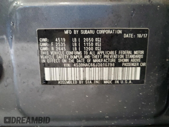 2018 Subaru Legacy Premium with VIN 4S3BNAC66J3016798, listed as a Copart auction lot 58393515 with 137,285 mi miles and Non repairable. Bid and sale history available at DreamBid. Image 12.