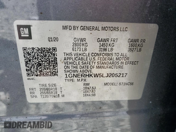 2020 Chevrolet Traverse LT z VIN 1GNERHKW5LJ205217, wystawiony jako Copart lot #55783375 z przebiegiem 111 307 mil mil oraz Nie do naprawy • Non repairable. Historia ofert i sprzedaży dostępna na DreamBid. Obrazek 14.