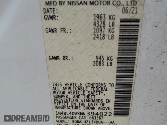 2021 Nissan Altima SV with VIN 1N4BL4DVXMN394022, listed as a Copart auction lot 49161375 with 31,147 mi miles and Salvage Title. Bid and sale history available at carsss.com. Image 14.