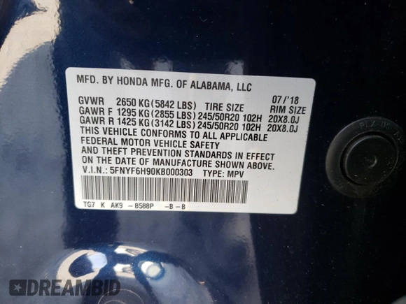2019 Honda Pilot Touring 8-Passenger z VIN 5FNYF6H90KB000303, wystawiony jako Copart lot #52410585 z przebiegiem 129 190 mil mil oraz Szkoda całkowita • Salvage title. Historia ofert i sprzedaży dostępna na DreamBid. Obrazek 16.