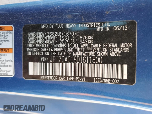 2013 Subaru BRZ Limited with VIN JF1ZCAC18D1611800, listed as a Copart auction lot 78742204 with 77,270 mi miles and Salvage title. Bid and sale history available at DreamBid. Image 12.