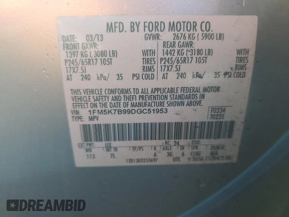 2013 Ford Explorer с VIN 1FM5K7B99DGC51953, выставлен на аукционе Copart как лот 83353764 с пробегом 211 165 миль миль и Списание • Salvage title. История ставок и продаж доступна на DreamBid. Изображение 13.