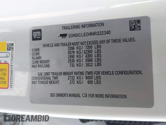 2022 Chevrolet Tahoe Commercial z VIN 1GNSCLED4NR222340, wystawiony jako IAAI lot #42321388 z przebiegiem Nie podano mil oraz . Historia ofert i sprzedaży dostępna na DreamBid. Obrazek 9.