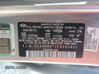 2015 Kia Optima EX с VIN 5XXGN4A71FG385837, выставлен на аукционе Copart как лот 60113905 с пробегом 172 274 миль миль и Списание • Salvage title. История ставок и продаж доступна на DreamBid. Изображение 12.
