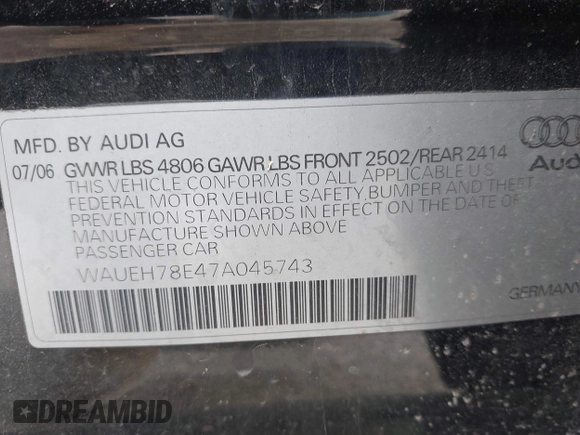 2007 Audi A4 with VIN WAUEH78E47A045743, listed as a IAAI auction lot 41852675 with 118,635 mi miles and . Bid and sale history available at DreamBid. Image 9.
