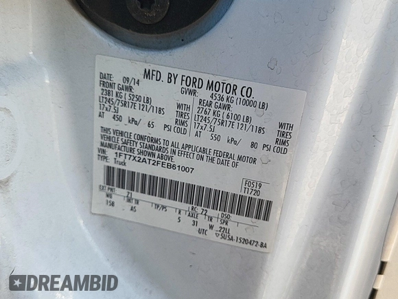 2015 Ford F-250 XLT with VIN 1FT7X2AT2FEB61007, listed as a IAAI auction lot 42663794 with 303,185 mi miles and . Bid and sale history available at DreamBid. Image 14.