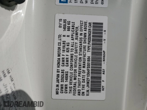 2015 Honda CR-Z EX with VIN JHMZF1D64FS001884, listed as a Copart auction lot 80671564 with 107,195 mi miles and Salvage title. Bid and sale history available at DreamBid. Image 12.