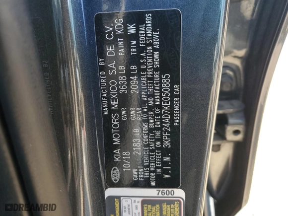 2019 Kia Forte FE with VIN 3KPF24AD7KE050885, listed as a Copart auction lot 42595245 with NaN miles and Clean Title. Bid and sale history available at carsss.com. Image 12.
