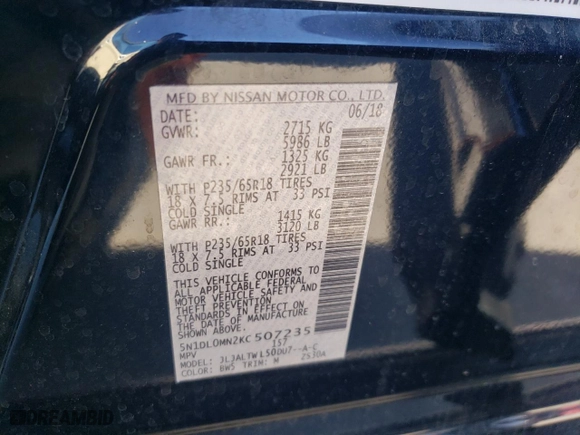 2019 Infiniti QX60 PURE with VIN 5N1DL0MN2KC507235, listed as a Copart auction lot 85465654 with NaN miles and Salvage Title. Bid and sale history available at carsss.com. Image 15.