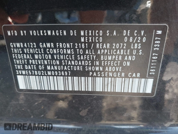 2020 Volkswagen Jetta SEL z VIN 3VWE57BU2LM093697, wystawiony jako IAAI lot #40437984 z przebiegiem 76 803 mil mil oraz . Historia ofert i sprzedaży dostępna na DreamBid. Obrazek 9.