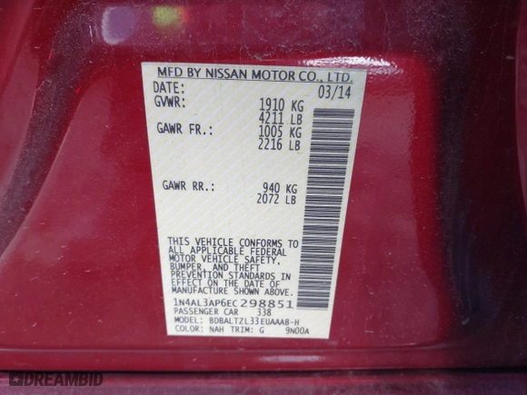 2014 Nissan Altima 2.5 SV with VIN 1N4AL3AP6EC298851, listed as a IAAI auction lot 41497640 with 180,268 mi miles. Bid and sale history available at carsss.com. Image 9.