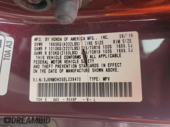 2014 Honda CR-V LX z VIN 5J6RM3H35EL039470, wystawiony jako Copart lot #58930155 z przebiegiem 122 077 mil mil oraz Szkoda całkowita • Salvage title. Historia ofert i sprzedaży dostępna na DreamBid. Obrazek 14.