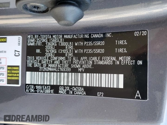 2020 Lexus RX 350 with VIN 2T2HZMAA4LC169399, listed as a Copart auction lot 58226385 with 20,489 mi miles and Salvage title. Bid and sale history available at DreamBid. Image 13.