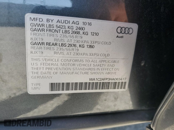 2017 Audi Q5 Premium с VIN WA1C2AFP3HA063417, выставлен на аукционе Copart как лот 61386285 с пробегом 92 021 миль миль и Списание • Salvage title. История ставок и продаж доступна на DreamBid. Изображение 14.