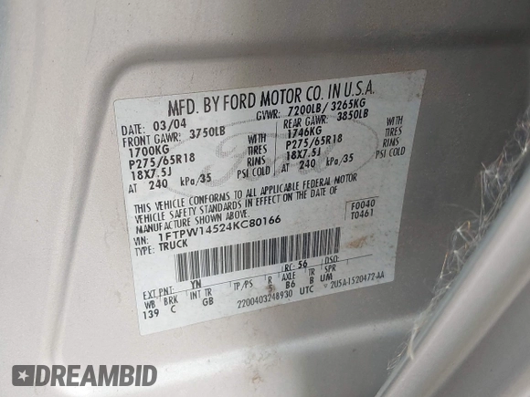 2004 Ford F-150 XLT z VIN 1FTPW14524KC80166, wystawiony jako IAAI lot #42738803 z przebiegiem 101 716 mil mil oraz . Historia ofert i sprzedaży dostępna na DreamBid. Obrazek 9.
