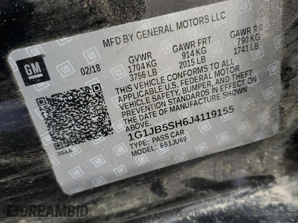 2018 Chevrolet Sonic LS with VIN 1G1JB5SH6J4119155, listed as a Copart auction lot 85272444 with 113,776 mi miles and Clean title. Bid and sale history available at DreamBid. Image 12.