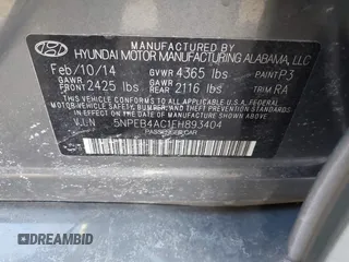 2014 Hyundai Sonata GLS with VIN 5NPEB4AC1EH893404, listed as a IAAI auction lot 41354215 with 125,952 mi miles and . Bid and sale history available at DreamBid. Image 9.