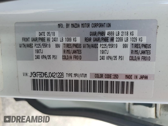 2018 Mazda CX-5 Grand Touring with VIN JM3KFBDM6J0421228, listed as a Copart auction lot 54915685 with Not Provided miles and Clean Title. Bid and sale history available at DreamBid. Image 13.
